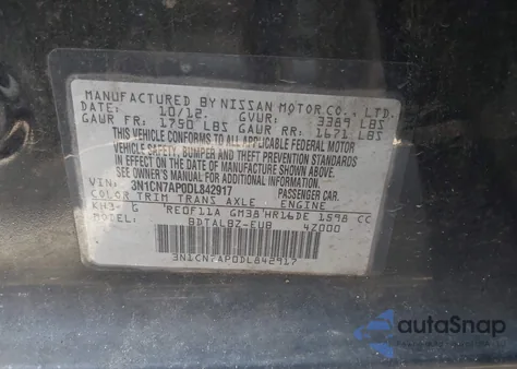 2013 Nissan Versa 1.6 Sv from USA, damaged, VIN 3N1CN7AP0DL842917